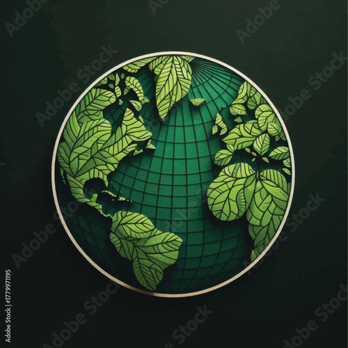Green Earth Globe Depicting Continents Made of Leaves.