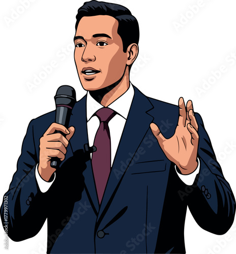 Man in Navy Suit Speaking at Podium with Microphone