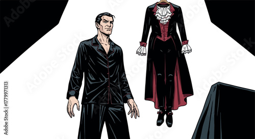 Man in Pajamas Stands Near Floating Victorian Woman Costume