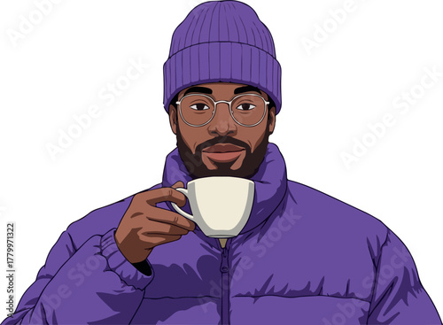 Man in Purple Winter Jacket and Beanie Holds White Mug Wearing Round Glasses