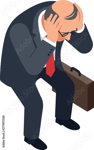 Man In Suit Holding Head In Distress With Briefcase Minimal Illustration