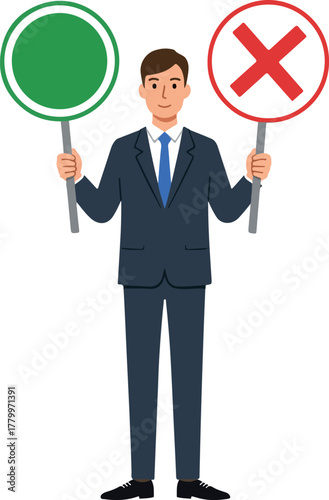 Wallpaper Mural Man In Suit Holds Green Circle And Red Cross Signs For Decision Making Torontodigital.ca