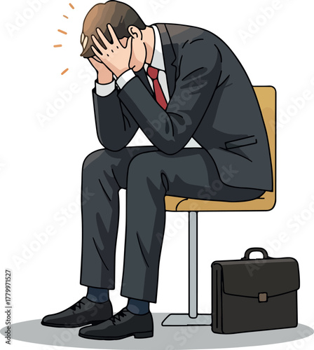 Man In Suit Sitting On Chair Holding Head In Frustration With Briefcase