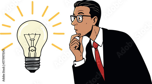 Man in Suit Thinking About Bright Idea Light Bulb