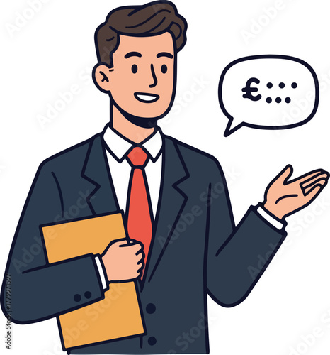 Man In Suit With Orange Folder And Speech Bubble Talking About Money