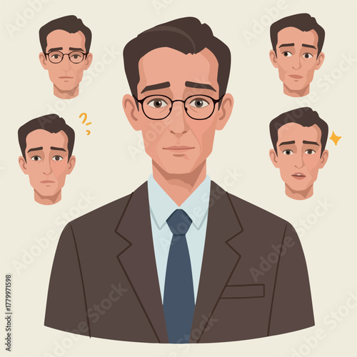 Man In Suit With Multiple Expressive Faces Sad Confused Surprised Worry