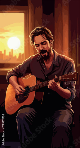 Man Plays Acoustic Guitar During Golden Hour City Sunset