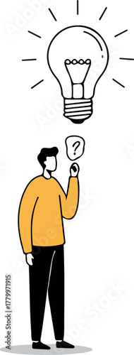Man Thinking With Light Bulb Question Mark Vector Illustration