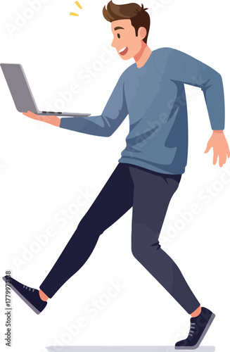 Man Walking With Laptop Blue Sweater Dark Pants Minimalist Vector