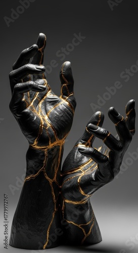 Black Sculpture Hands With Golden Cracks Against Dark Gray Background Studio Lighting