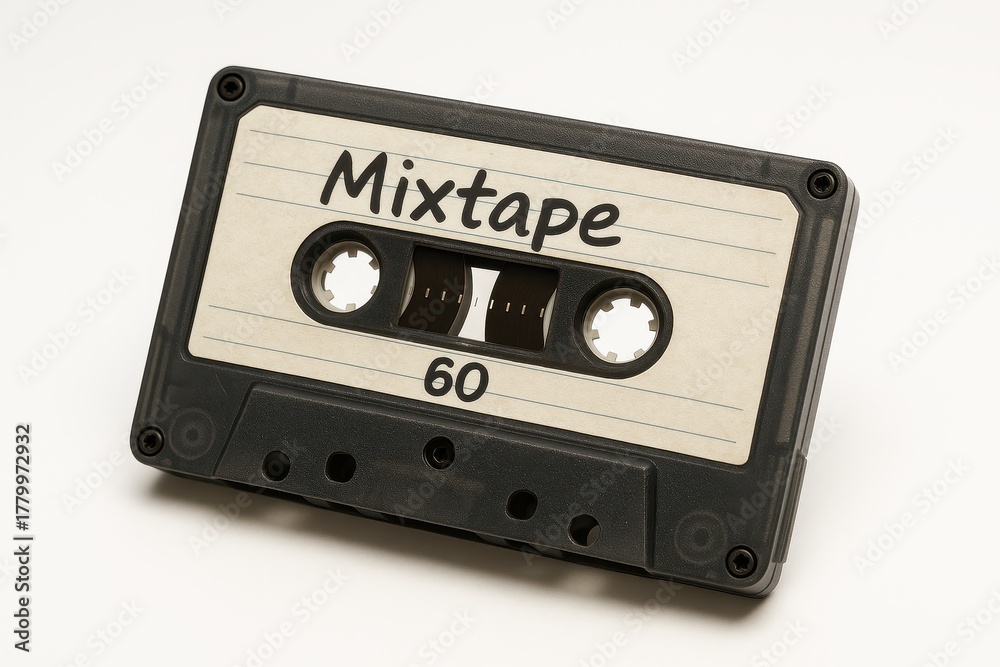 Naklejka premium Vintage cassette tape with detailed label on white background