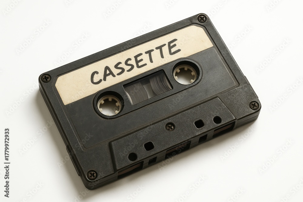 Fototapeta premium Vintage cassette tape with detailed label on white background