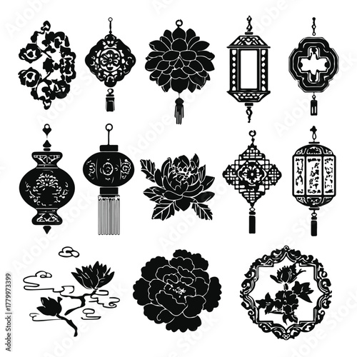 Chinese oriental pattern. Traditional Asian decorative silhouette vector ornament. Floral plant elements: sakura, lotus, peony, chrysanthemum, garnet flower. Geometric and nodal patterns, lanterns.