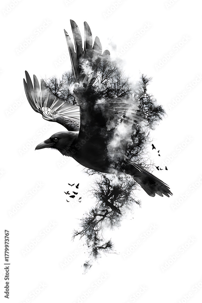 Fototapeta premium Striking tattoo design featuring raven in flight, surrounded by swirling clouds and trees, evoking sense of freedom and mystery