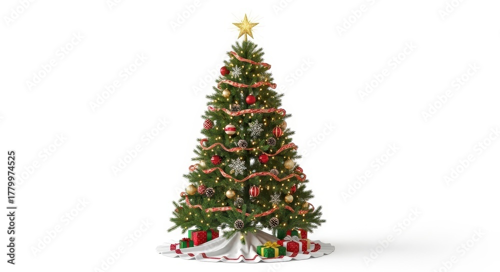 Fototapeta premium A beautifully decorated Christmas tree stands gracefully against a bright, clean white backdrop