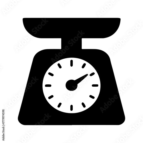 Simple black silhouette icon of a vintage kitchen scale with a circular dial and pointer indicating weight measurement on a transparent background