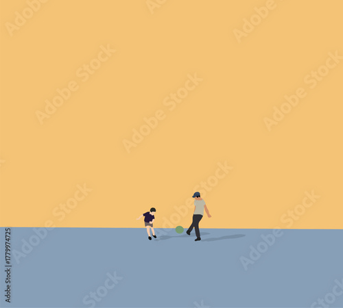 Father and son playing football in their backyard. Happy family having fun during holiday vacation.