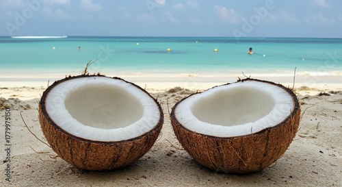 Wallpaper Mural Coconut halves on beach: Two halves of a fresh coconut rest on the sandy shore, revealing the refreshing interior. The turquoise water and clear sky create a perfect tropical paradise. Torontodigital.ca