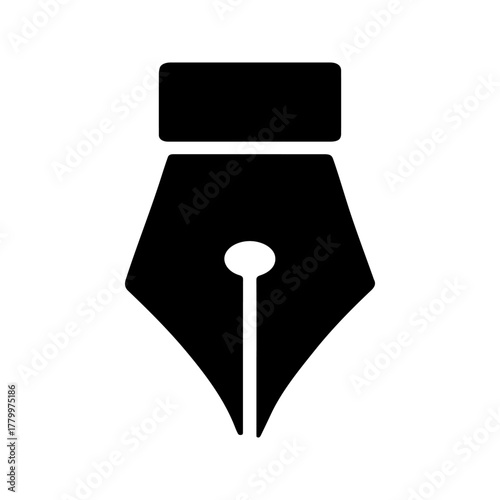 Classic black silhouette of a fountain pen nib with a central ink hole on a transparent background representing writing and creativity