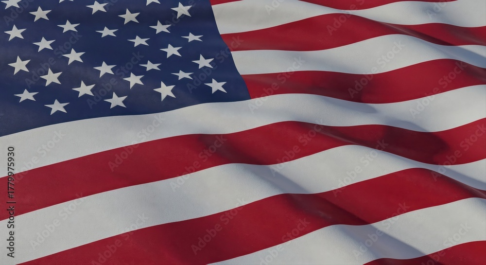 Fototapeta premium American Flag in the Breeze: The vibrant flag of the United States billows gracefully in the wind, with its red stripes and white stars. A symbol of freedom and unity.