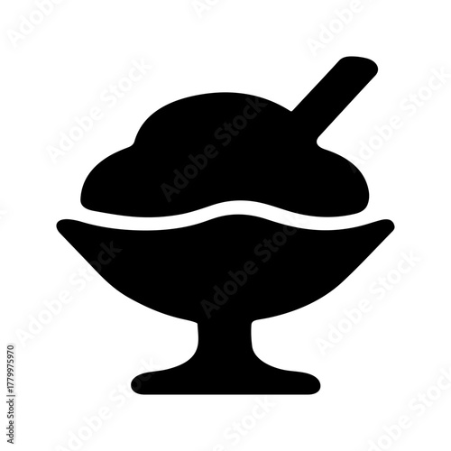 Simple black silhouette icon of a delicious ice cream sundae served in a classic glass dish with a spoon perfect for dessert menus and sweet treat graphics