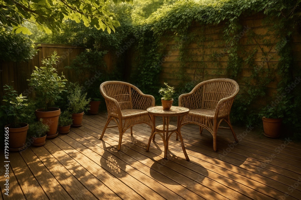 Obraz premium Sunny wooden deck surrounded by lush greenery with cozy seating and soft shadows