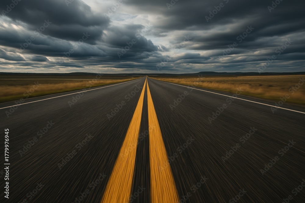 Naklejka premium Open highway to the horizon under dramatic cloudy sky travel freedom perspective