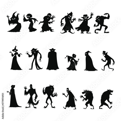 Halloween monster silhouettes isolated on white background. Witch, zombie, Dracula, vampire and werewolf. Cartoon characters illustrations stickers
