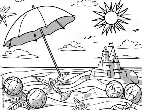 Summer beach scene featuring sandcastle, beach balls, umbrella, and seashells under bright sun. image captures playful and relaxing atmosphere, perfect for day at beach