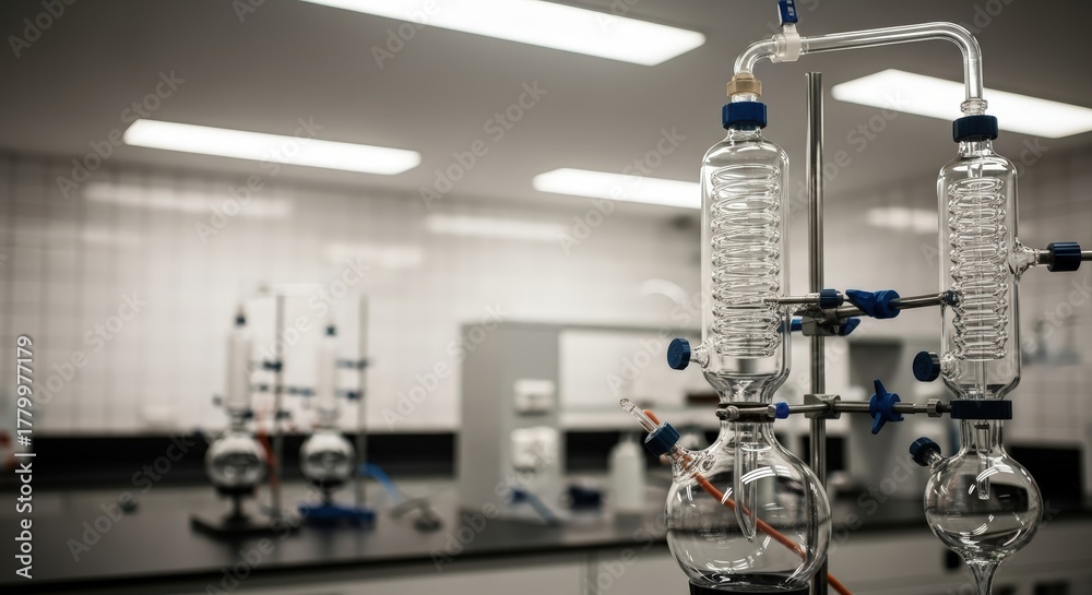 Fototapeta premium Glass Distillation Apparatus In A Scientific Laboratory With Fluorescent Lighting And Scientific Equipment