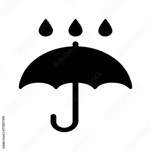 Black silhouette icon of an open umbrella with three falling raindrops above symbolizing protection from precipitation and weather conditions