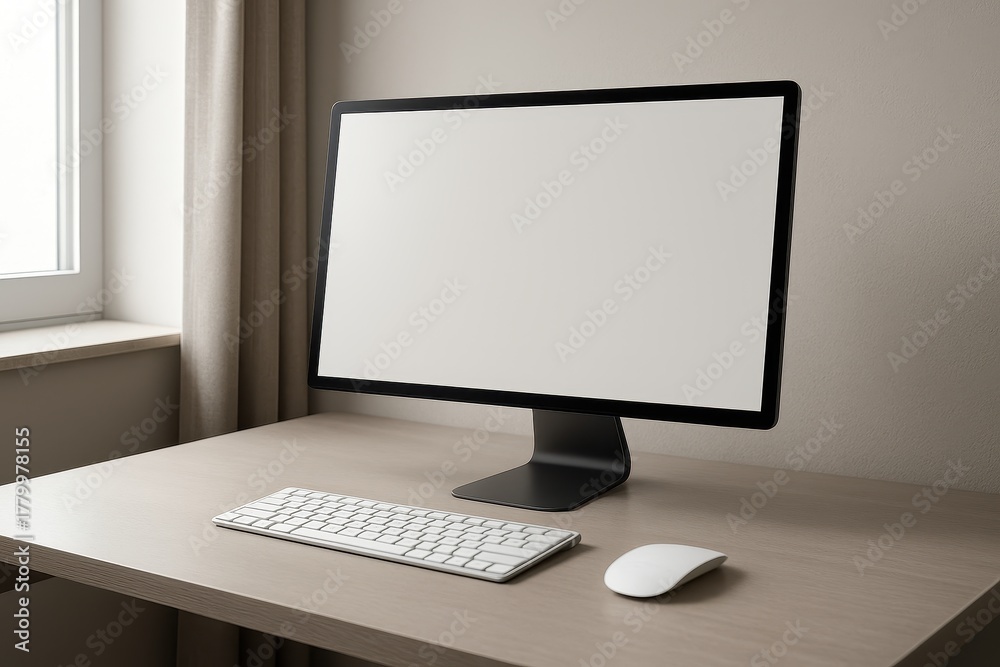 Fototapeta premium Minimal desk setup with sleek computer monitor keyboard and plant in daylight
