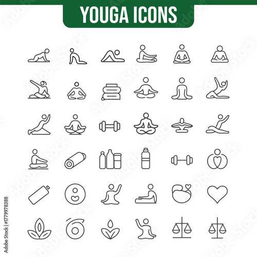 Collection of simple line art yoga poses and wellness icons for health and fitness design