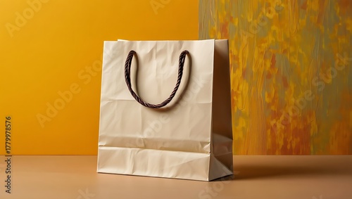 Minimalist Shopping Bag Mockup on a Yellow and Abstract Backdrop with Elegant Design