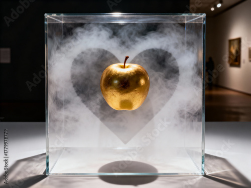Golden apple suspended inside a glass cube surrounded by white mist shaped like a heart. Concept of desire, perfection, and modern temptation.
