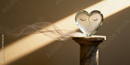 Crystal heart on a marble pedestal illuminated by warm golden light. Symbolizes purity, vulnerability, and serene beauty.