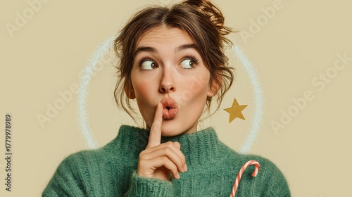 European woman in green sweater holding candy cane, posing with surprised expression. Christmas sale and discount time