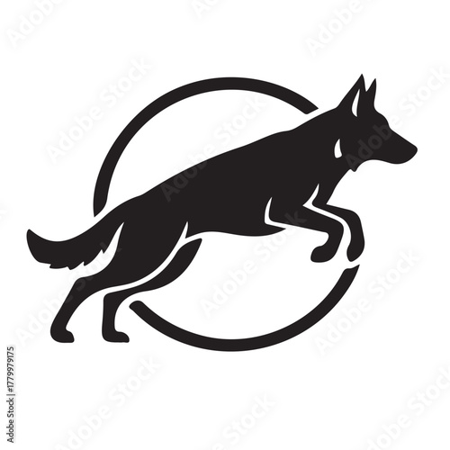 Black and white vector illustration of a running wolf silhouette in nature style
