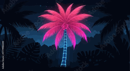 A vibrant scene with neon palm trees set against a dark, mysterious landscape