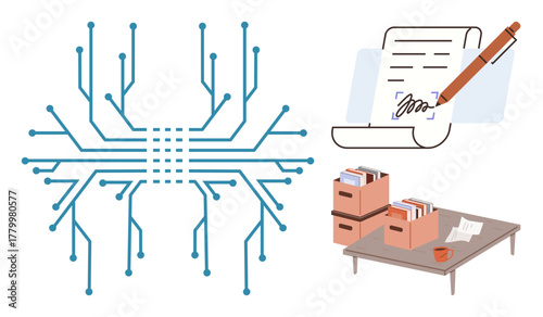 Circuit board pattern, document being signed with pen, and files on organized desk. Ideal for data management, digital transformation, automation, organization, technology, e-governance work