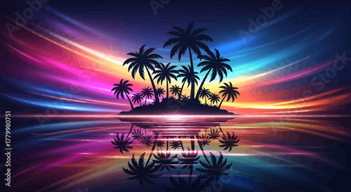 Vibrant tropical island silhouette with dynamic colorful reflections