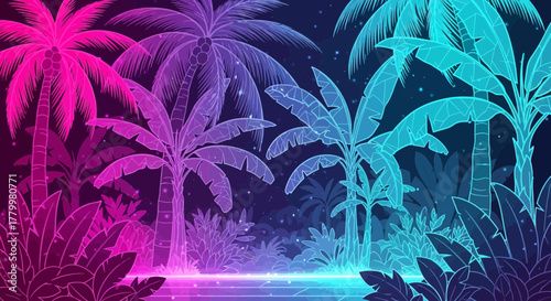 Vibrant tropical landscape illustration in neon gradient colors at night
