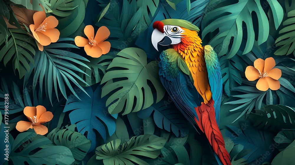 Obraz premium A vibrant parrot perched amongst lush tropical foliage and scattered orange blossoms in a serene setting