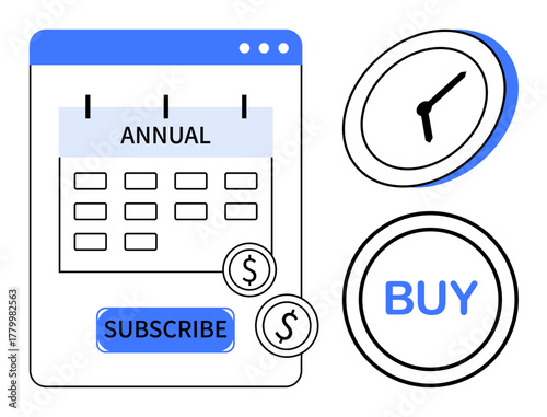 Calendar marked annual with subscribe button, symbolizing recurring payments. Features clock and buy button with coins. Ideal for planning, e-commerce, time management, subscriptions, budgeting