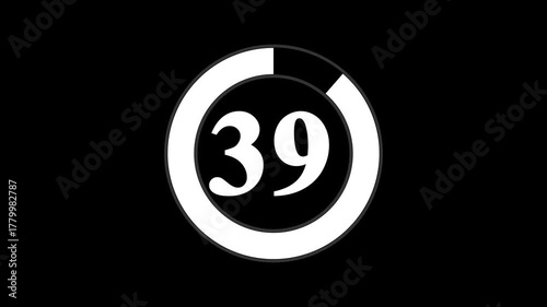 Countdown timer from 44 to 0 seconds real time. Modern flat design of countdown isolated on transparent animation alpha channel on a black background. 4k animation.