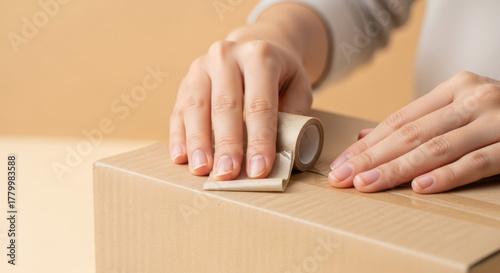 Close up of person's hands carefully sealing cardboard box with adhesive tape before moving or shipping preparation, organization, and careful packing process at home or workplace