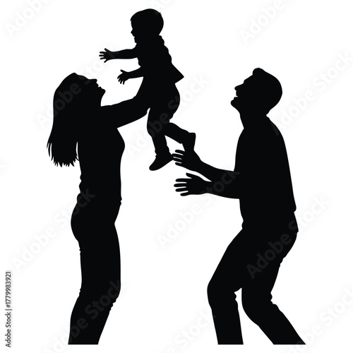 Silhouette of happy family playing together, mom tossing child in the air