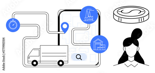 Delivery truck on mapped route linking locations, stopwatch, coin, and user avatar. Ideal for logistics, tracking, planning, e-commerce business solutions supply chain technology. Simple flat