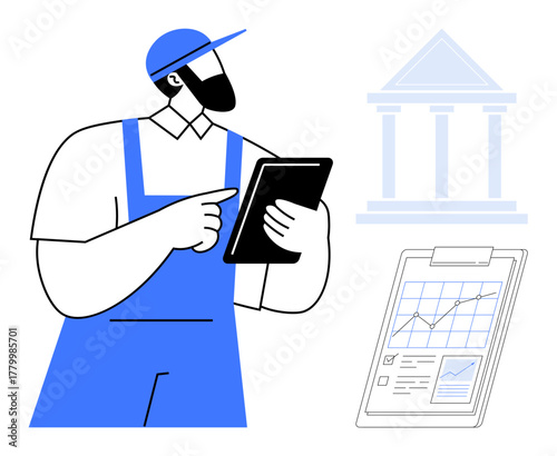 Worker in overalls using tablet to assess data, accompanied by financial chart showing trends and a government building. Ideal for business, finance, technology, labor, analysis, governance