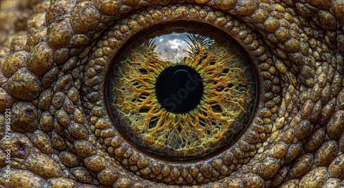A captivating macro shot of a reptile's eye showcasing intricate details and unique scales which